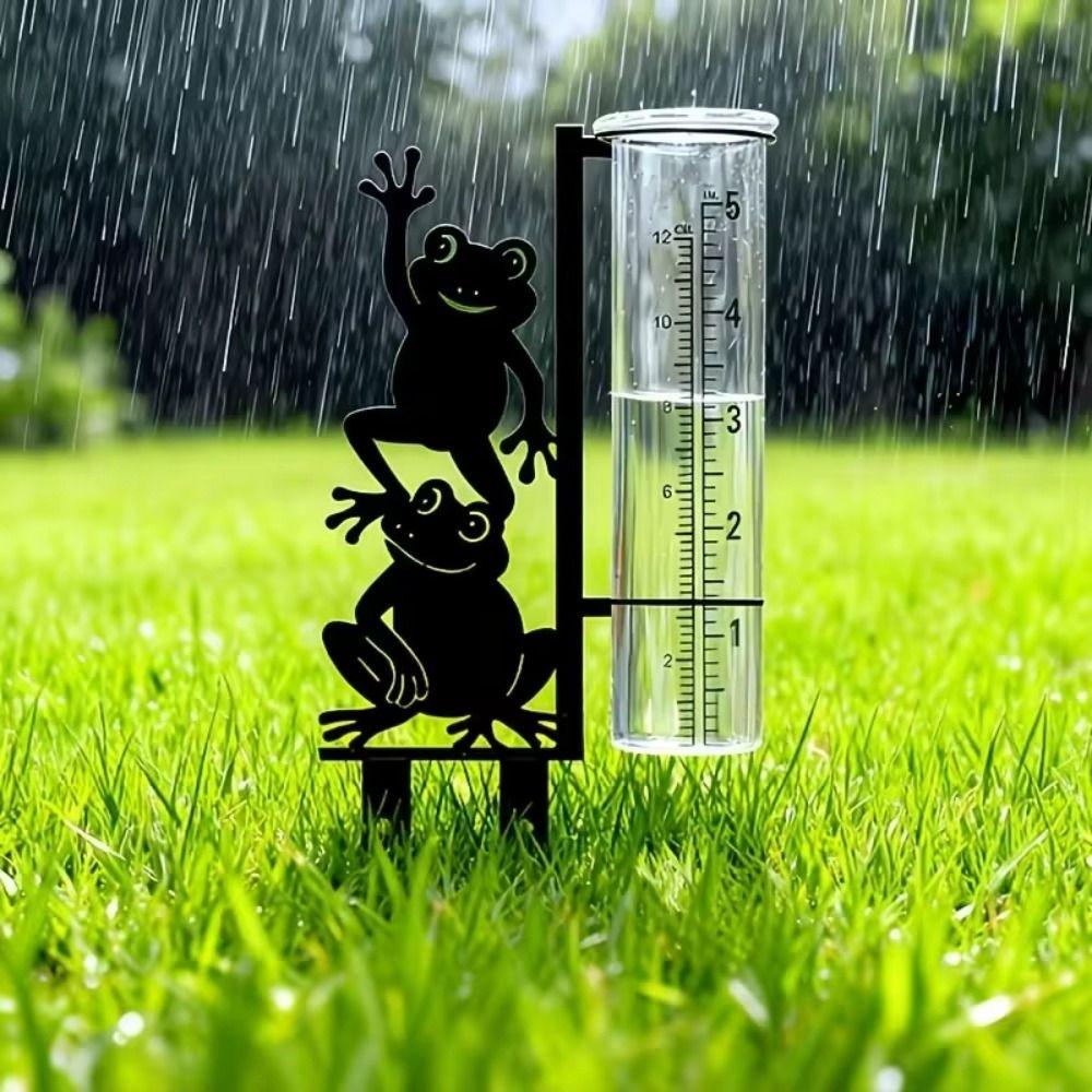 Iron Art Metal Frog Rain Gauge Stake Rustproof Garden Stake Rain Water Collector Weather Station