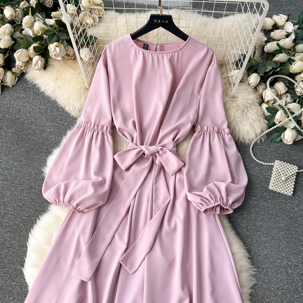 Женские винтажные милые платья средней длины с высокой талией А-силуэта с круглым вырезом и рукавами-фонариками на шнуровке Vestidos весна-лето Женское платье