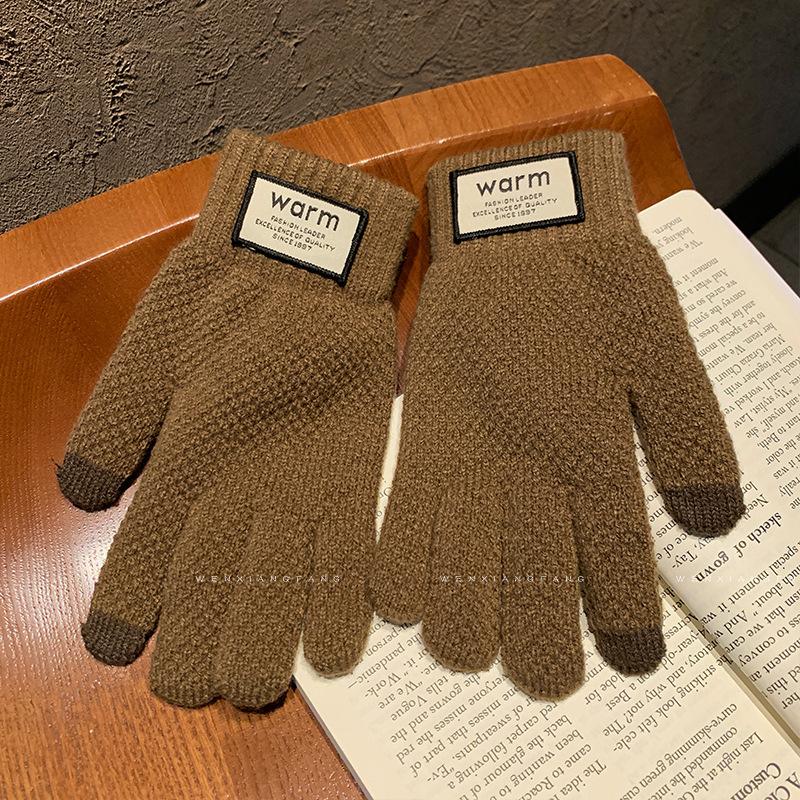 Зеленые вязаные шерстяные перчатки для женщин на зиму Корейская версия Утепленные Теплые Защита от холода для езды на велосипеде Пятипалые Сенсорные Пальцы Разделенные Пальцы Зимние