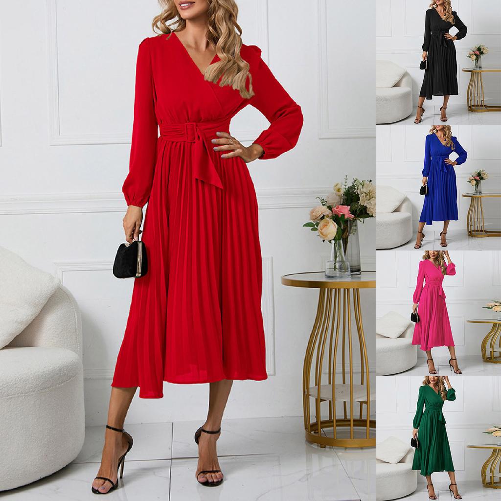 Женское однотонное облегающее платье с длинными рукавами и плиссированным поясом с v-образным вырезом