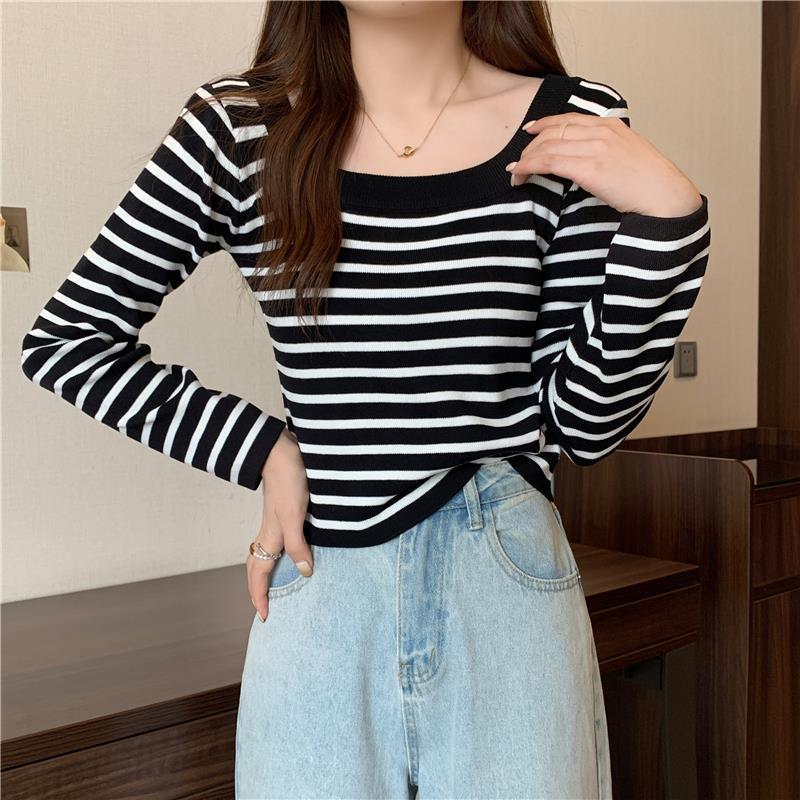 Knitted sweater women's new autumn exposed collarbone striped chic gentle long-sleeved sweater with bottoming shirt top
