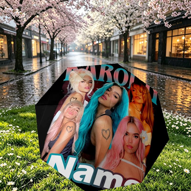 Custom Name Personalized Karol G Print Umbrella, Auto Open Close, 8‑Rib Sturdy Frame, Commute Camping Hiking Use, Birthday Gift