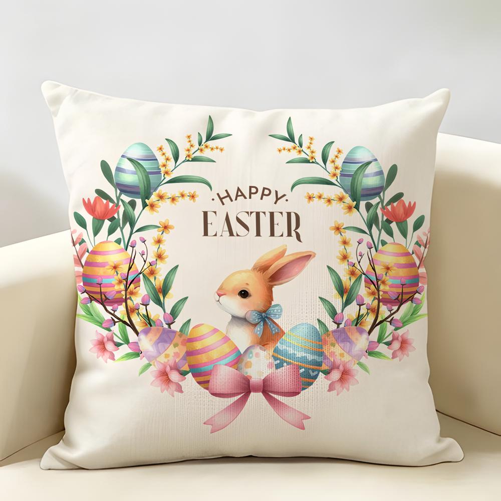 Happy Easter Rabbit Cute Cushion Cover Natural Linen Organic Fabric DoubleSided Printing Room Sofa Decor Pillow Case