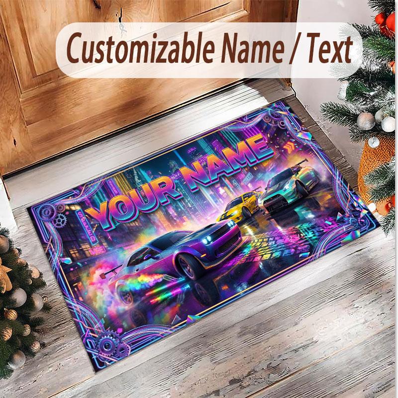 Neon Abstract Theme Soft Crystal Velvet Rug Custom Name & Text Print Non Slip Floor Rug for Bedroom Living Room