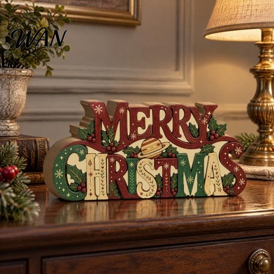 Rustic Festive Decor Wooden Merry Christmas Sign, 2D Flat Farmhouse Freestanding Table Centerpiece, Sign Tiered Tray Decoration for Mantel,