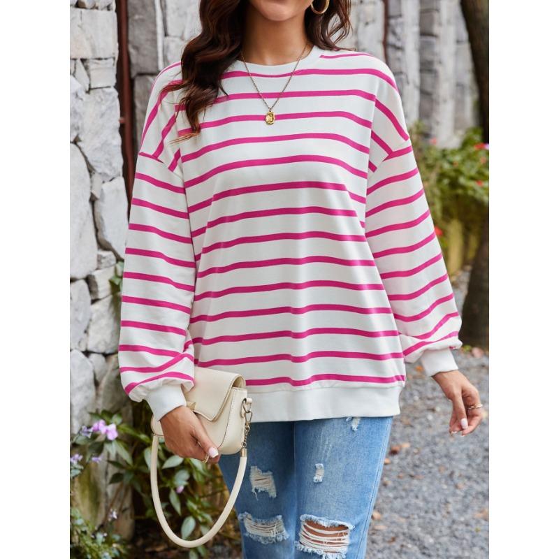 Женская осенняя свободная повседневная толстовка с длинным рукавом в полоску большого размера