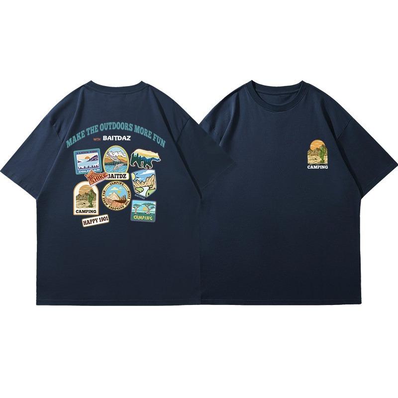 New Japanese Outdoor Camping Theme Handprinted Cotton Breathable Short Sleeve T Loose Comfortable Sports Top