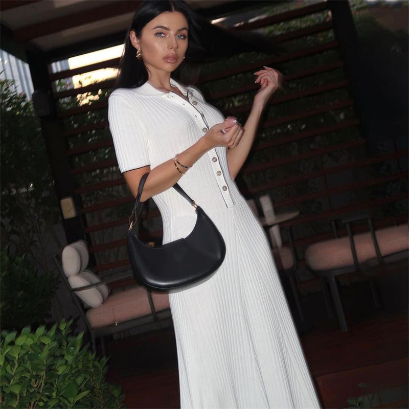 Вязаное платье макси для женщин, повседневное белое облегающее платье с отложным воротником и коротким рукавом, трикотажное платье в рубчик, женское уличное платье