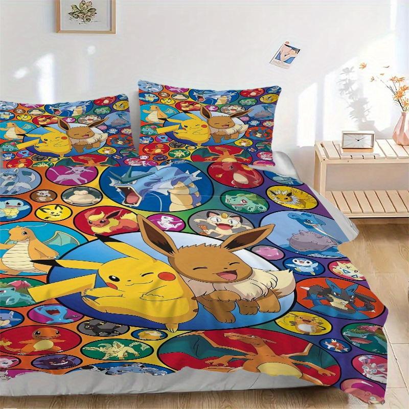 3pcs Eevee Circular & Pokemon Pikachu Quilt Cover Set (1 Quilt Cover + 2 Pillowcases Without Pillow Core), High-Definition Printing for Home and Dormi