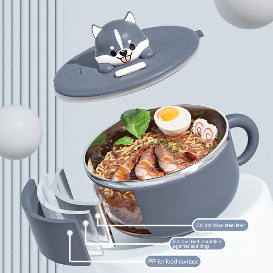 Миска для лапши с крышкой Чаша для рамэна из нержавеющей стали Салатница для общежития Держатель для офисного телефона Термостойкие ручки Двухслойные нержавеющие