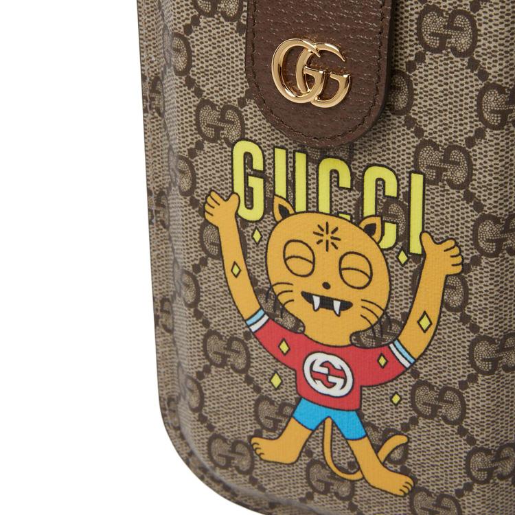 Gucci Логотип с принтом кошки Холст и кожаная сумка через плечо для телефона Мужские сумки Эбеновое дерево 700732-U1GBG-8679