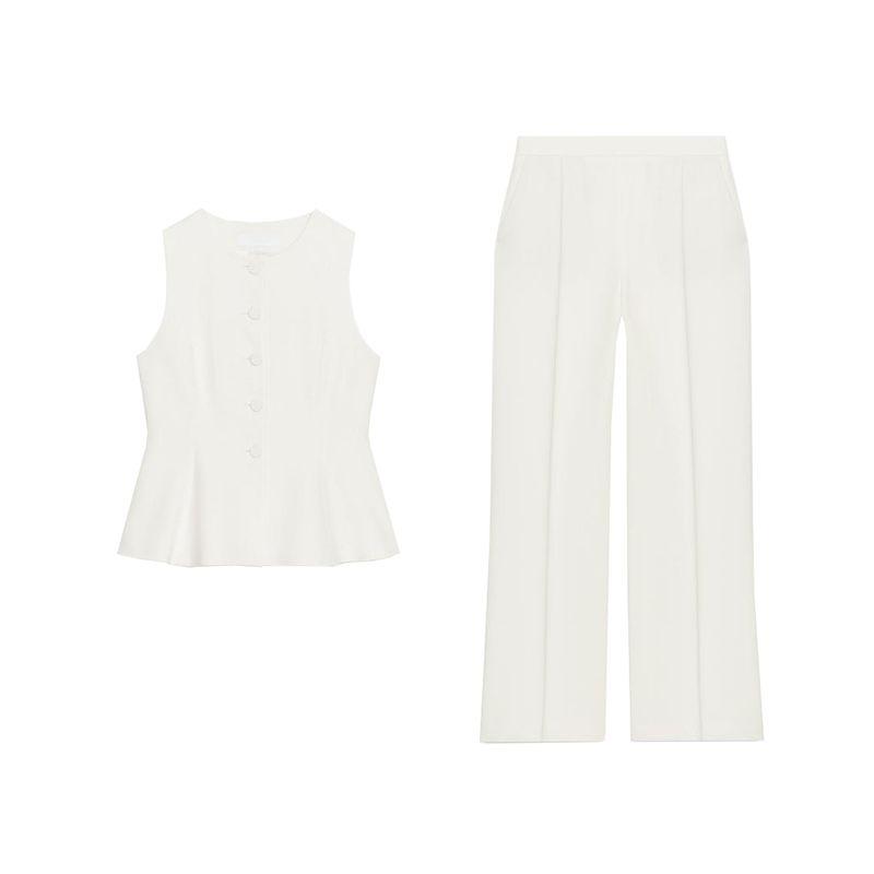 Waist-Tight Short Skirt Hem Round Neck Sleeveless Vest 8456735 High Waist Straight-leg Casual Pants 8457735