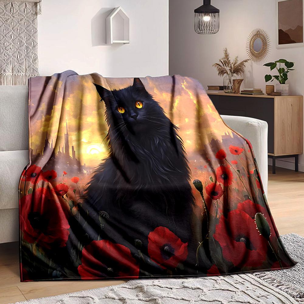 1pc Cat Flowers Blanket, Lightweight Flannel Throw Blanket For Sofa, Bed, Travel, Camping, Living Room, Office, Couch, Chair, And Bed