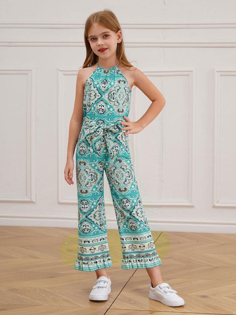 Детский комбинезон без рукавов с цветочным принтом и широкими штанинами для девочек, цельный комбинезон в стиле бохо с поясом, летний сарафан, комбинезон