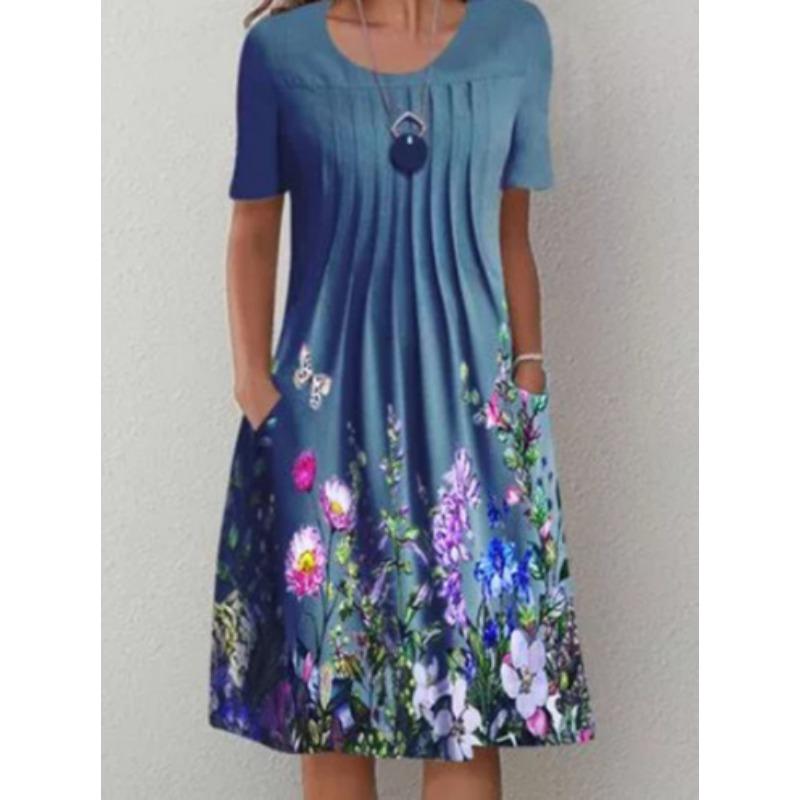 Модное женское летнее платье с коротким рукавом, принтом, круглым вырезом, карманом, цветочным узором, повседневное, простое, А-силуэта, средней длины, для вечеринки, приталенное, плиссированное, свободного кроя