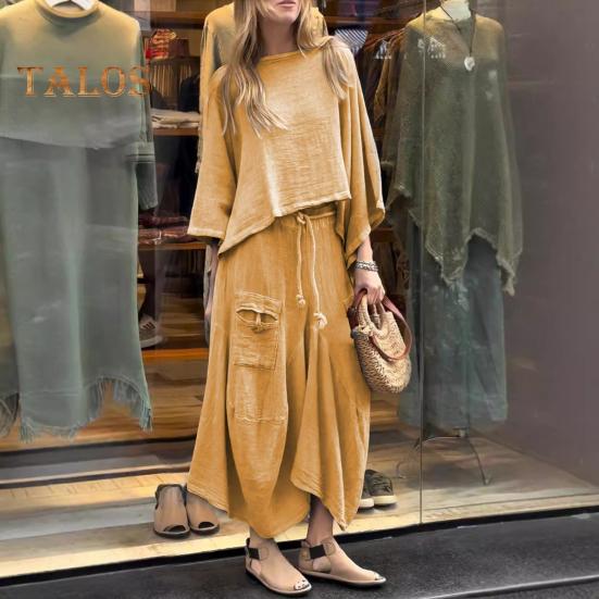 2 Pcs/Set Women Top Skirt Suit Round Neck Three Quarter Sleeve Slant Hem Vintage Top Drawstring Elastic Waist Loose Irregular Maxi Skirt Spring Daily