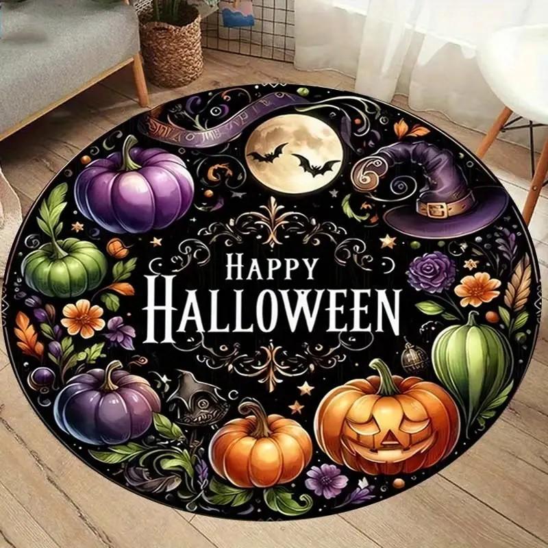 Halloween Bat Round Area Rug Non-Slip Washable Chair Mat for Living Room, Bedroom Decor Gothic Moon Bat Soft Carpet