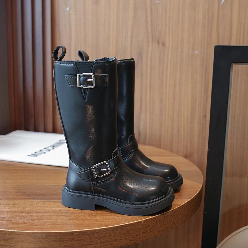 Korean Style Children Leather Boots Warm 2024 Autumn Girls Riding Boots Drop Shipping Black Kids Black Princess Catwalk Boots
