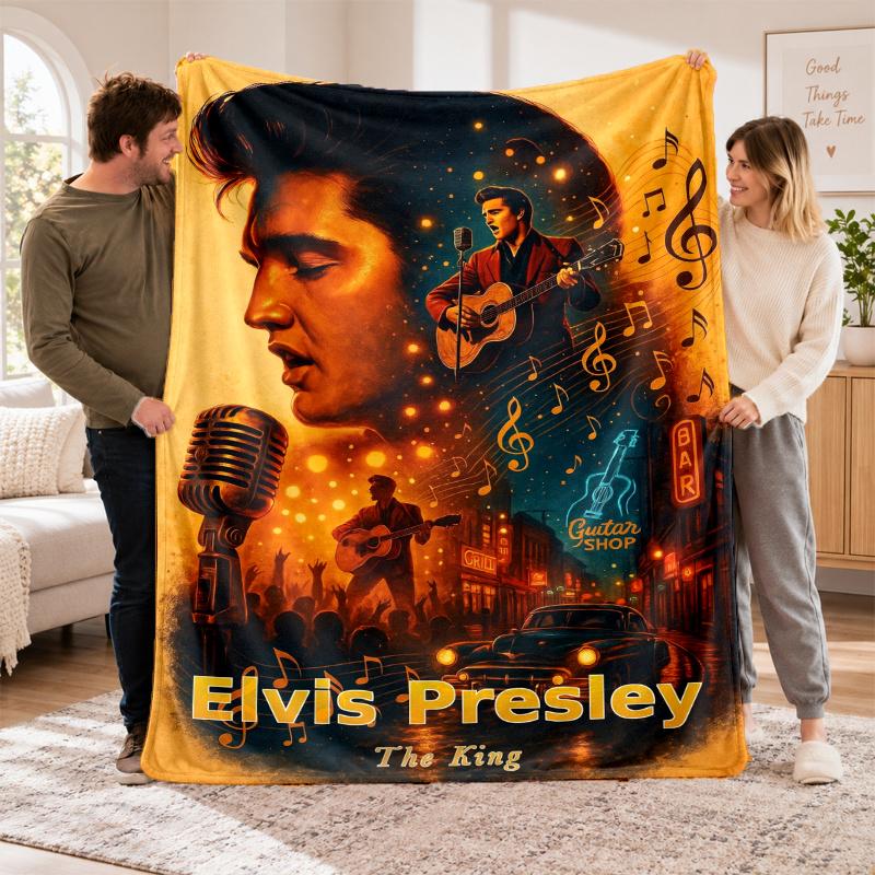 Flannel Fleece Blanket with Elvis Presley Design, Soft Lightweight Throw for Bed Sofa Travel