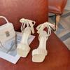 Fashion Sandals Women's 2024 Summer New Thin Heel Pearl Bow French Square Head High Heels