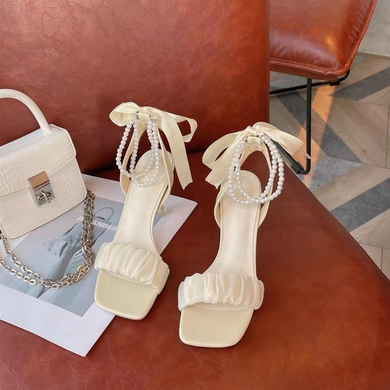 Fashion Sandals Women's 2024 Summer New Thin Heel Pearl Bow French Square Head High Heels