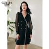 GOELIA Vintage Black V-Neck Long Sleeve Dress