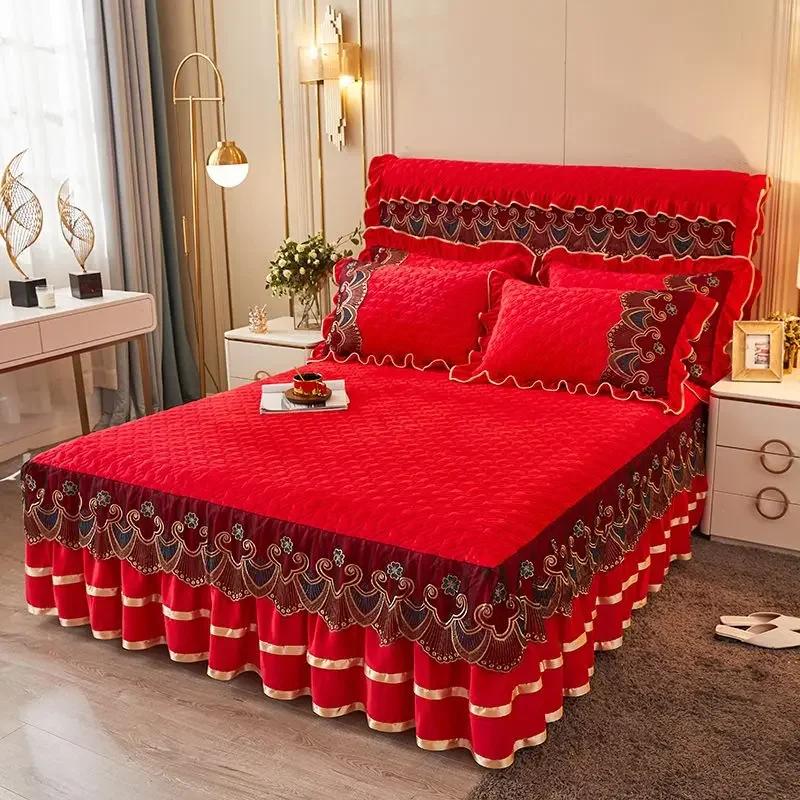 Постельное белье Crystal Velvet Princess для свадьбы, мягкие покрывала, кружевная вышитая юбка для кровати, чехол для матраса, наволочки