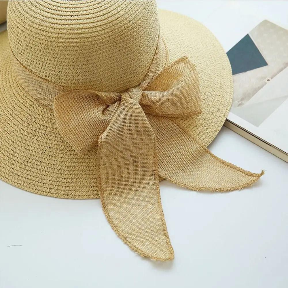 New Summer Women Sun Hat Casual Fashion Bowtie Fisherman Hat Straw Hat with Bow Ribbon Travel Beach Hat
