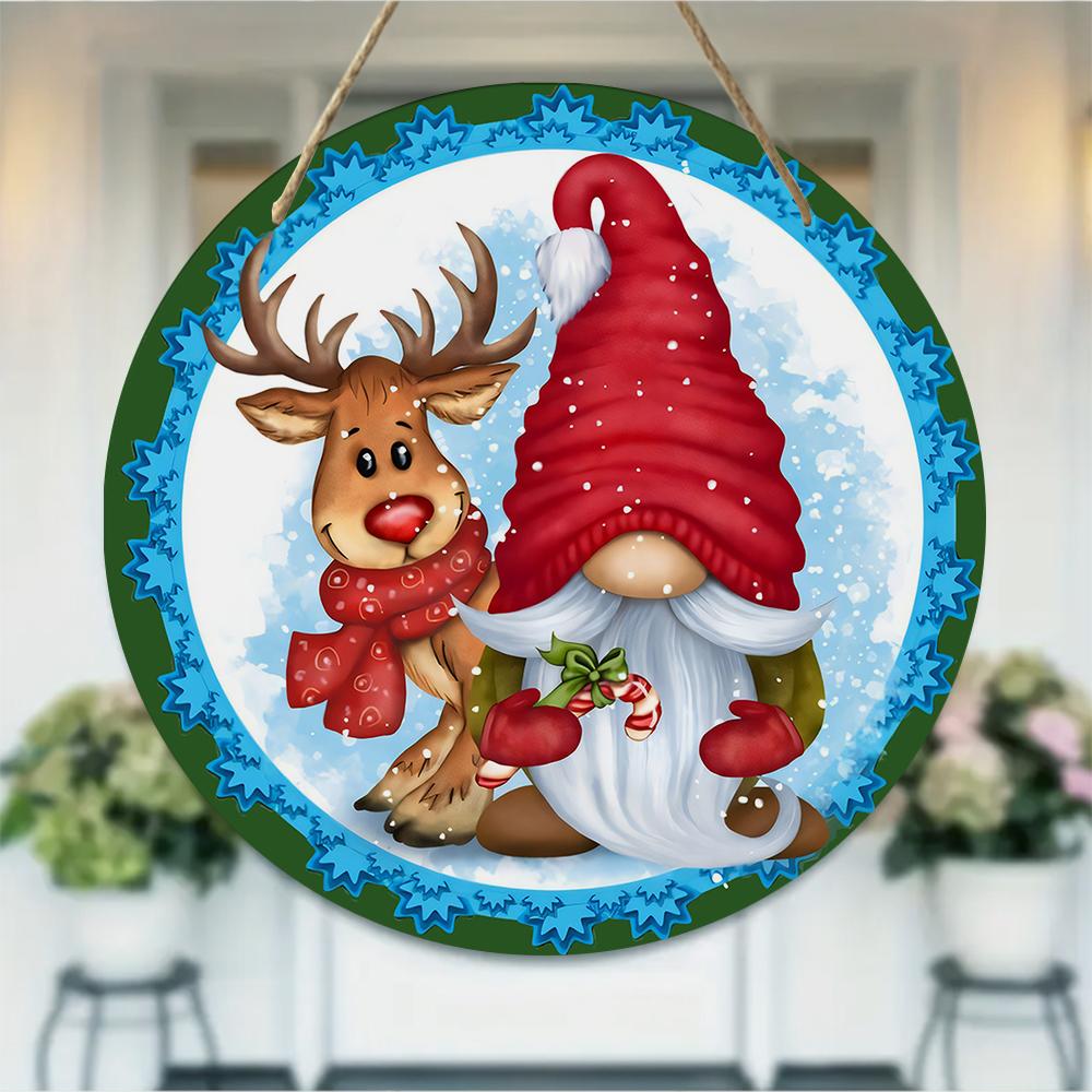 Festive reindeer and gnome pattern Round Wooden Hanging Plaque winter holiday wall art rustic farmhouse front door sign Christmas home decor