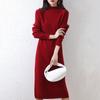 Women's Half High Collar Wool Knitted Dress Solid Color Long Sleeve Sweater Long Dress
