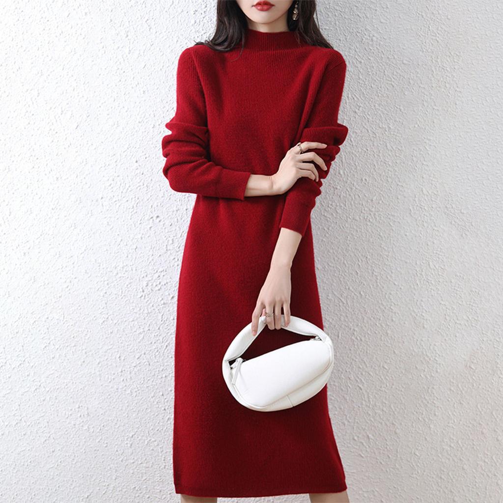 Women's Half High Collar Wool Knitted Dress Solid Color Long Sleeve Sweater Long Dress
