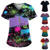 Plus Size Cute Printed Scrub Working Uniform Tops For Women  V-Neck Short Sleeve Fun T-Shirts Workwear Tee With Pockets