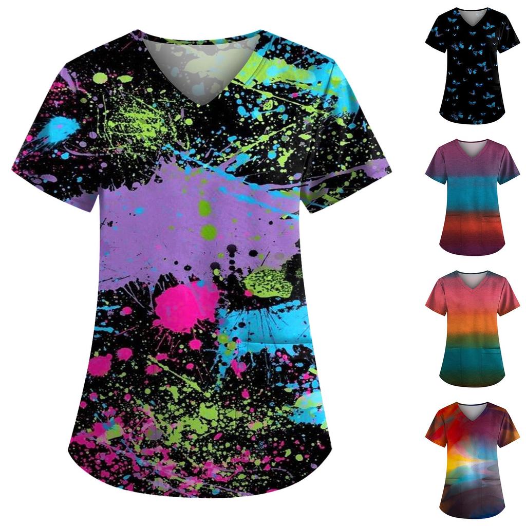 Plus Size Cute Printed Scrub Working Uniform Tops For Women V-Neck Short Sleeve Fun T-Shirts Workwear Tee With Pockets