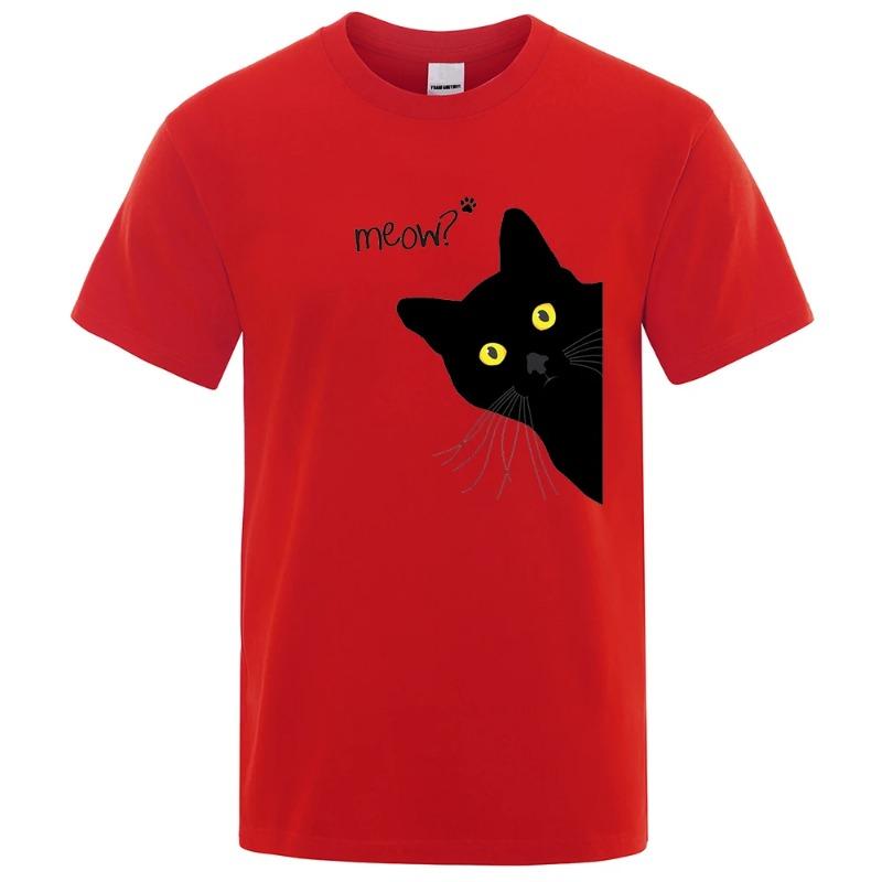 Meow Black Cat Funny Printing Men T-Shirts Breathable Tee Clothes Summer Streetwear Tops Oversized Loose Cotton Short Sleeve T-Shirts Men’s