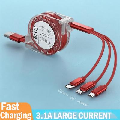 Телескопический USB-кабель 3 в 1 3A Быстрая зарядка для интерфейсов Type C Lightning Прочный ПВХ материал Портативный для путешествий дома
