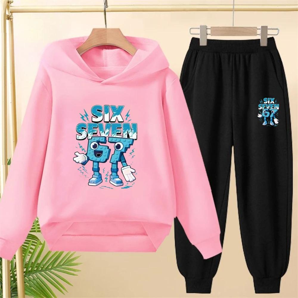 Children From 3 To 12 Years Old 67 Printed Hooded Sweatshirt and Black Top and Pants Suit, Suitable for Girls and Boys