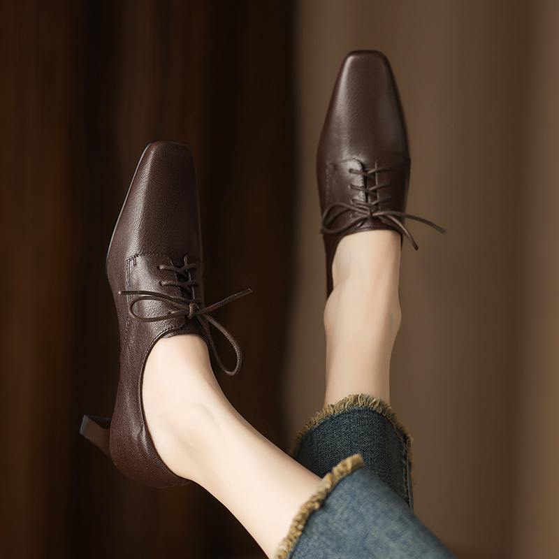 Krazing Pot Sheepskin Spring Summer Size 43 Size 42 Size 41 Chunky Heels Women Square Toe Office Lady Lace Up Pumps