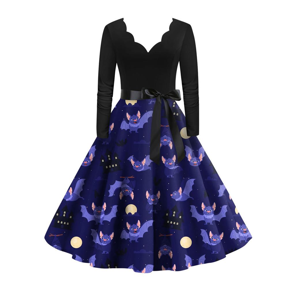 Women's Vintage Classic Dress Long Sleeve Halloween Print V-neck Swing Dress