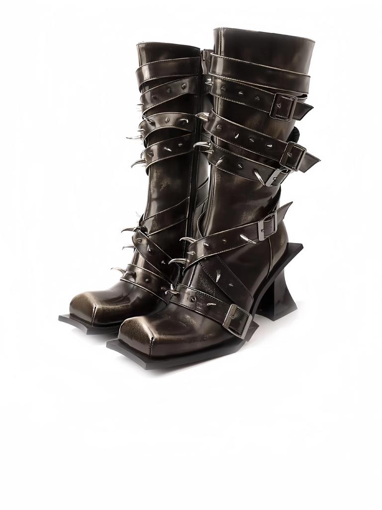 2024 Wasteland Style Vintage Trouser Legs Western Boot Black Knee High Boots Women Brown Maillard Rivets Punk Winter Shoes