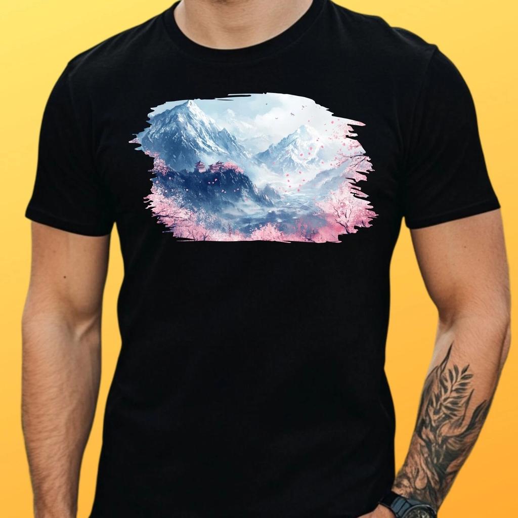 T-Shirt Herren Kirschblüten Berg Motiv Baumwolle Größe S bis 5XL