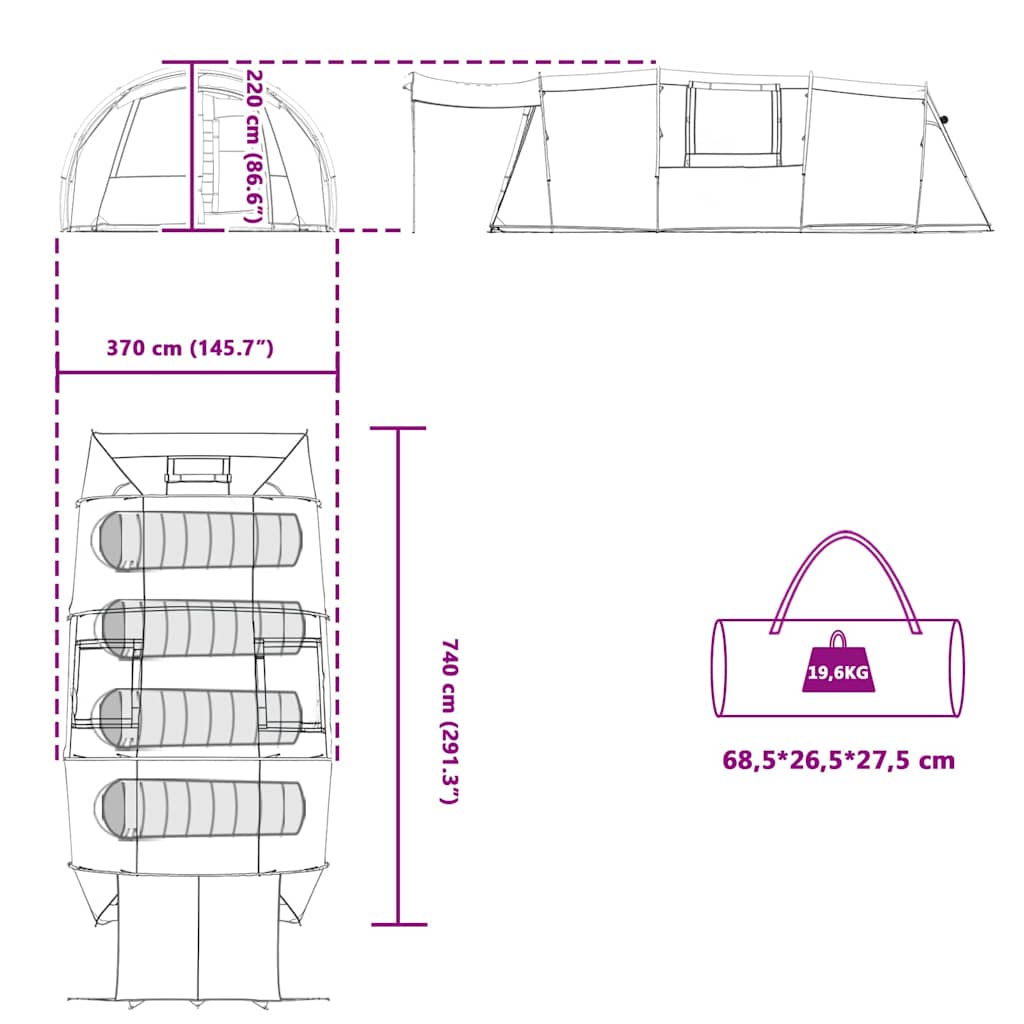 4 Person Tunnel Tent with Roof Blue and Grey 740 x 370 x 220 cm