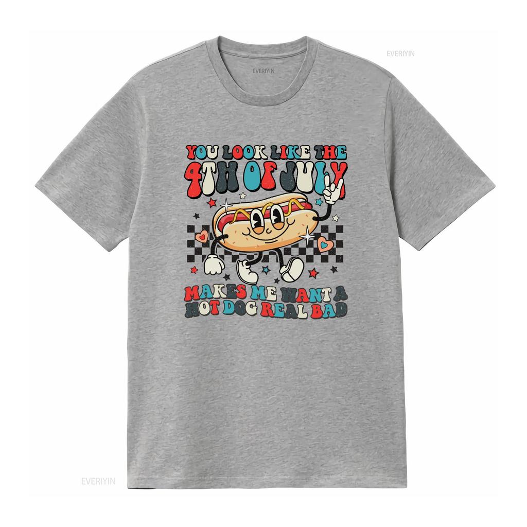 Retro th of July Funny Cartoon Hot Dog Patriotic Print Casual T Shirt vintage Washed Versatile Unisex Soft Stretched