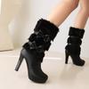 Fashion Black High Heels Mid-calf Boots for Women Faux Fur and Bow-knot Sweet White Pink Winter Women Shoes Platform Boots