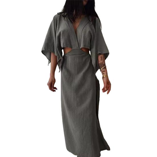 Женское платье макси с V-образным вырезом, сексуальное облегающее платье с коротким рукавом и разрезом, летнее длинное платье из хлопка и льна для пляжного отдыха