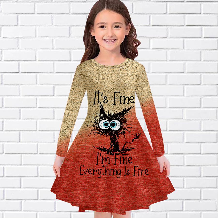 Повседневное платье для девочки с английским принтом кота и круглым вырезом, длинными рукавами, детское платье принцессы