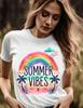 Summer Vibes Unisex Jersey Tee | Casual Summer Shirt | Beachwear | Gift for Friends | Vacation Outfit | Fun Day Tee, palm trees and rainbow
