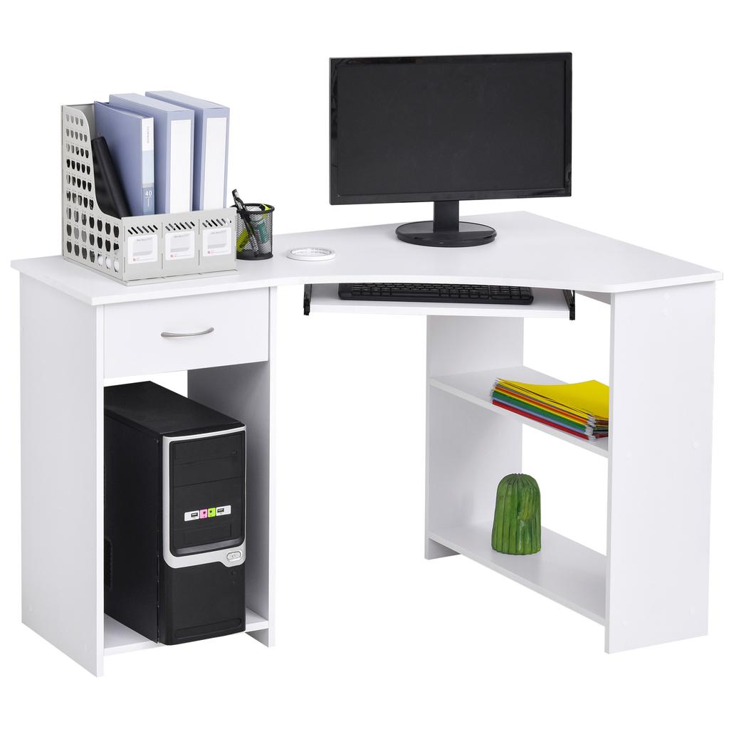L-Shaped Corner Computer Desk w/ 2 Shelves Wide Worktop Keyboard Tray Drawer & CPU Stand Home Office Study Bedroom Furniture White