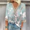 Женская рубашка-блузка Повседневные свободные рубашки с рукавами 3/4 и кружевной отделкой Топы с v-образным вырезом и принтом Топы с принтом Футболки Футболки