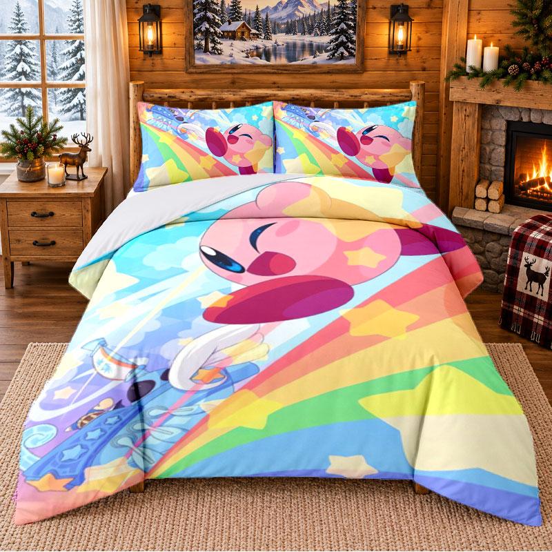 Kirby Pattern Bedding 3Pcs Set Bed Sheet And Pillowcases For Indoor Bedroom