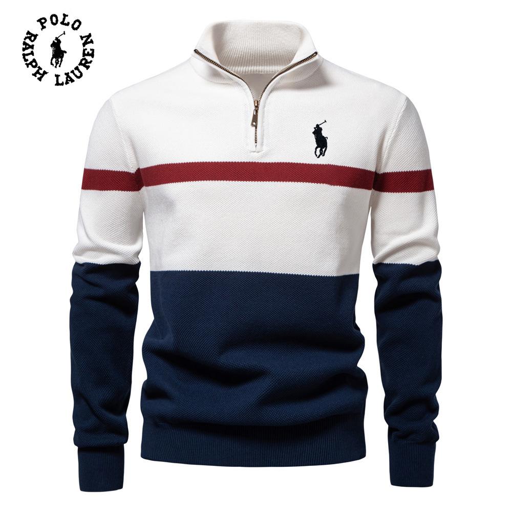Мужской вязаный свитер Ralph Lauren с вышивкой, новый, большой, с воротником-стойкой, на молнии-половине, в стиле колор-блок